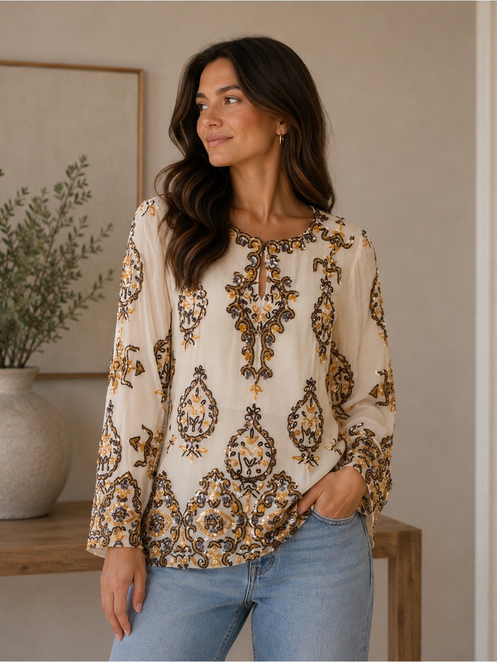 Calypso St. Barth Embellished Cream Beaded Long-Sleeve Fairuza Top NWT Sz XL - Picture 1 of 4